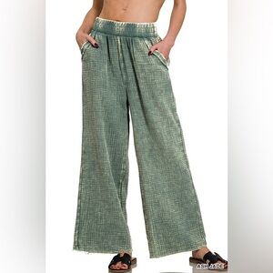 Zenana Ash Jade Washed Double Gauze Elastic Band Waist Pants